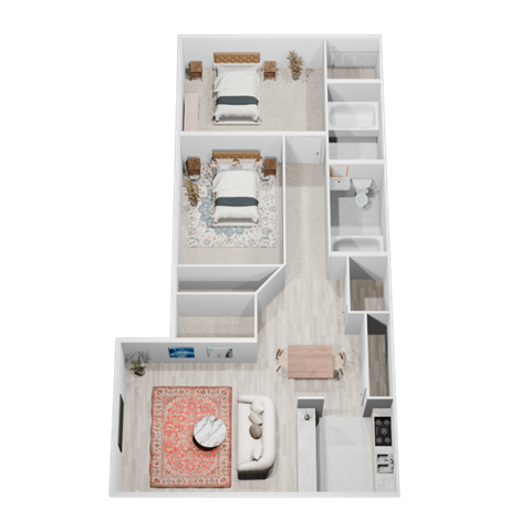 A top-down view of a small, neatly organized apartment with a bedroom, living room, and kitchen.